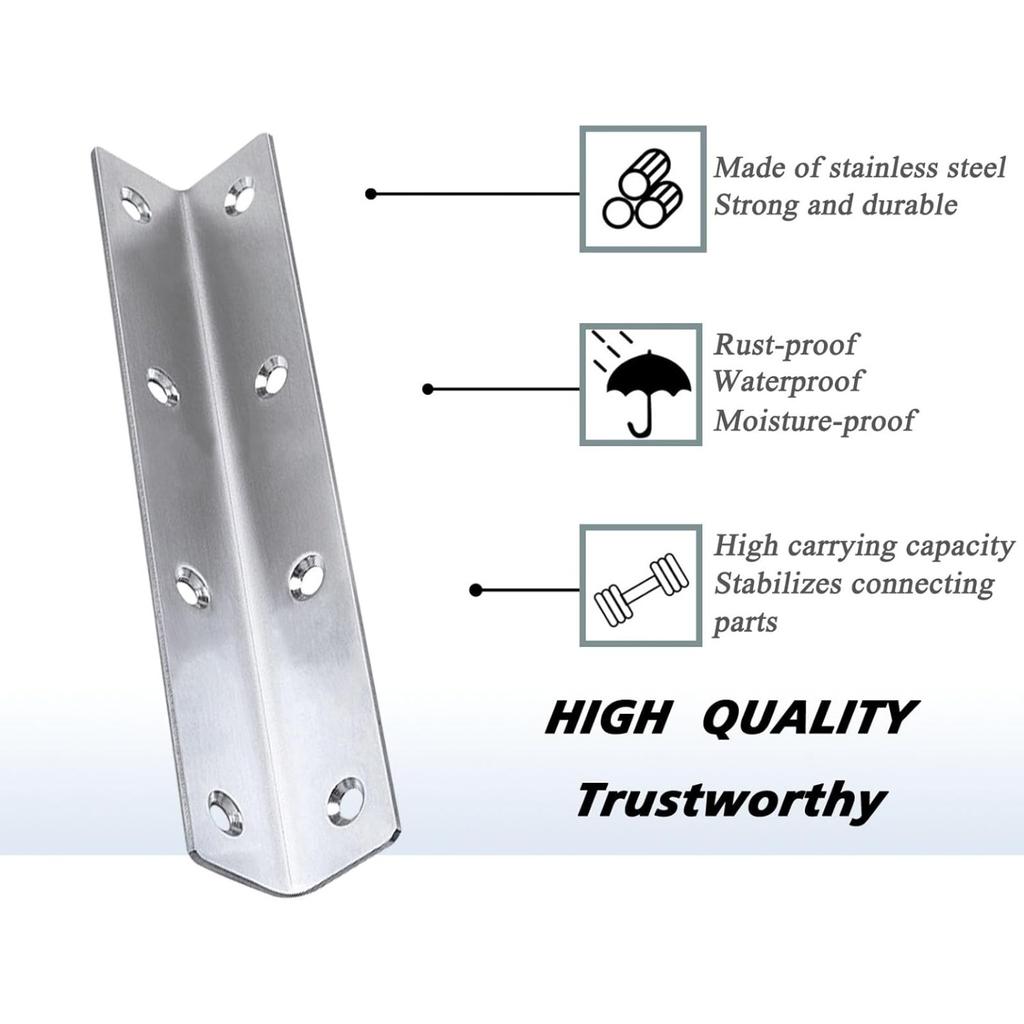 6 pcs Heavy Duty Stainless Steel Corner Brace | Long L Shaped Mounting Brackets for Wood Furniture Cabinet Repair Reinforcement