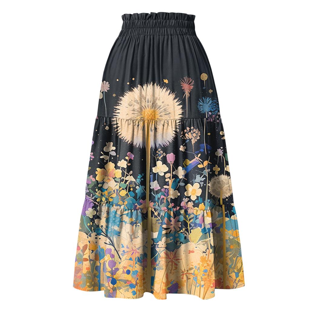 Dam Maxikjol Dragsko Hög Midja Sommar Långa Kjolar Lätta Flerskiktade Böljande Blommiga Plisserade Kjolar