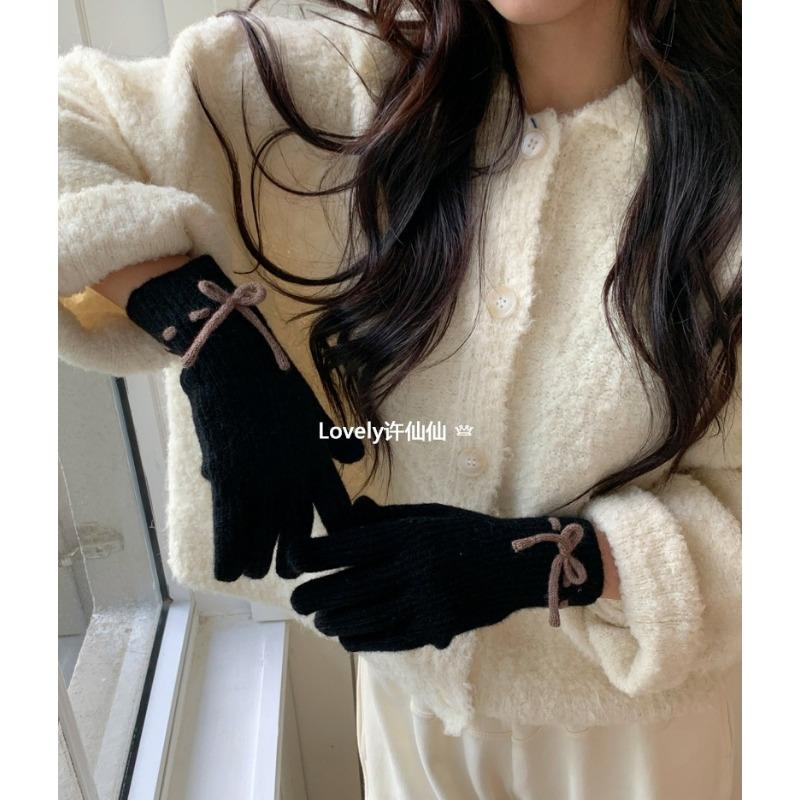 Student riding warm gloves autumn and winter cute bow knitted gloves female student finger gloves