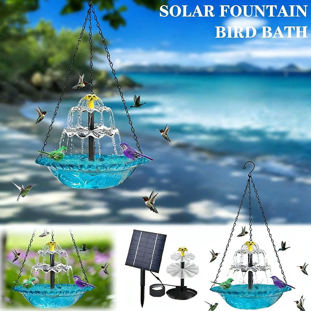 Solar Cascade Hanging Bird Bath Fountain, Solar Water Pump Three-Tiered Bird Bath Tub , Hanging Hook for Garden Patio Wildlife