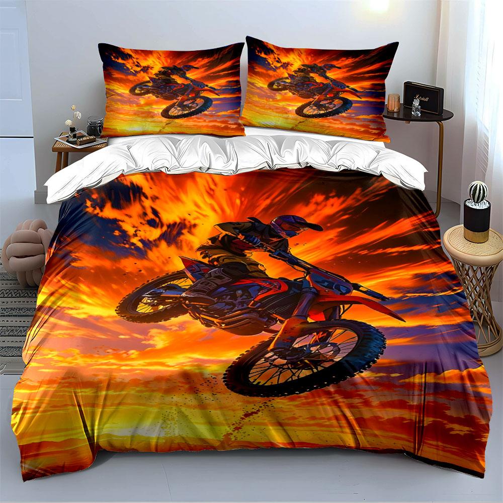 Motocross Motor Fiets Sprong Zonsondergang Scène Beddengoed Dekbedovertrek Set (1*Dekbedovertrek 2*Kussenslopen, zonder dekbedvulling)