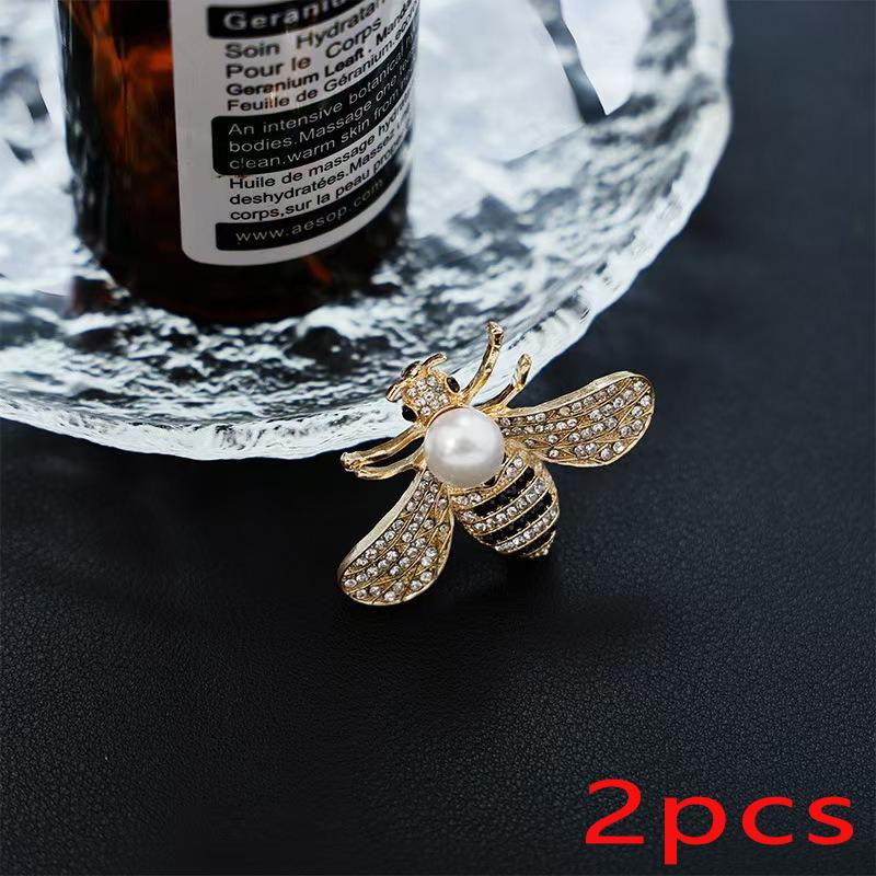 2pcs Exquisite Style Gold Diamond Bee Brooch With Imitation Pearls Showcasing Agility Elegance Luxury Clothing Accessories