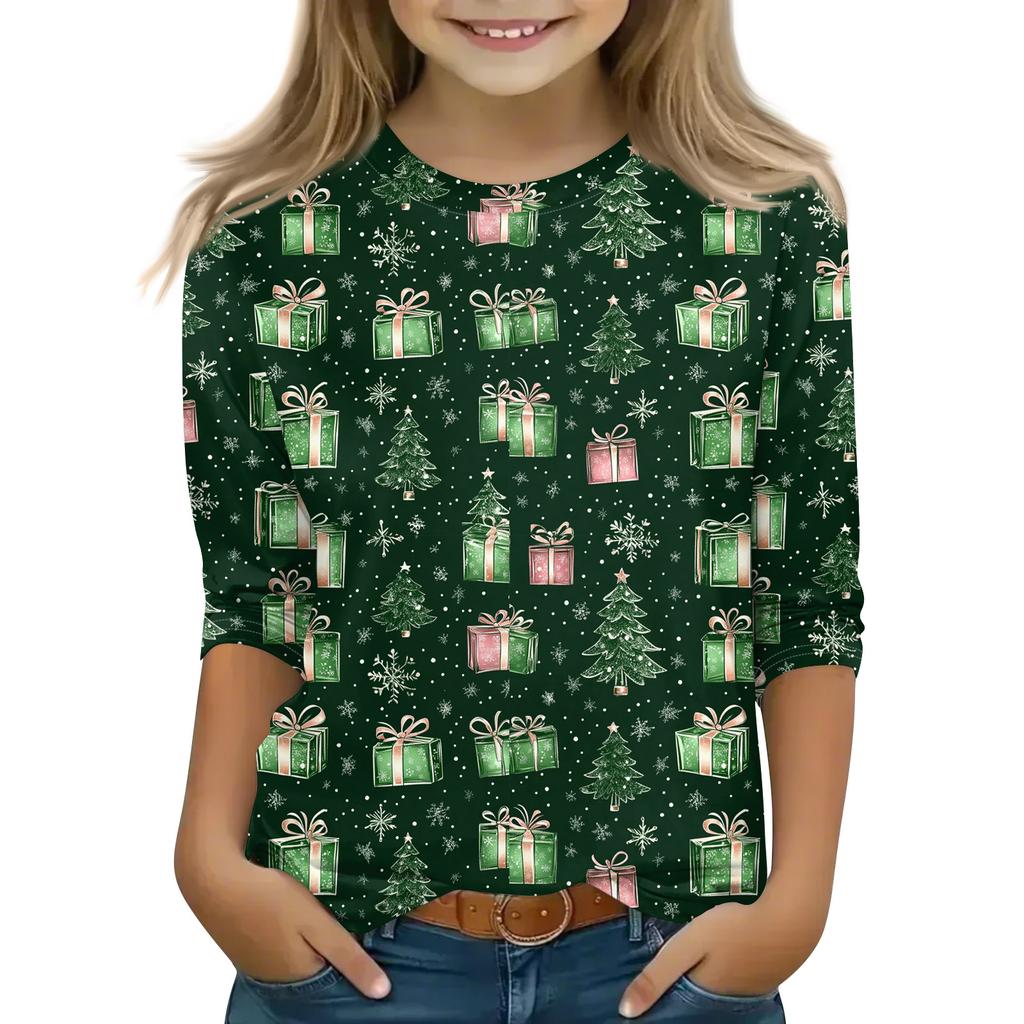 Christmas Day Print Tops For Youth Girls 5-16 Years Round Neck 3/4 Sleeves T-Shirts Trendy Tops Outfit Tees