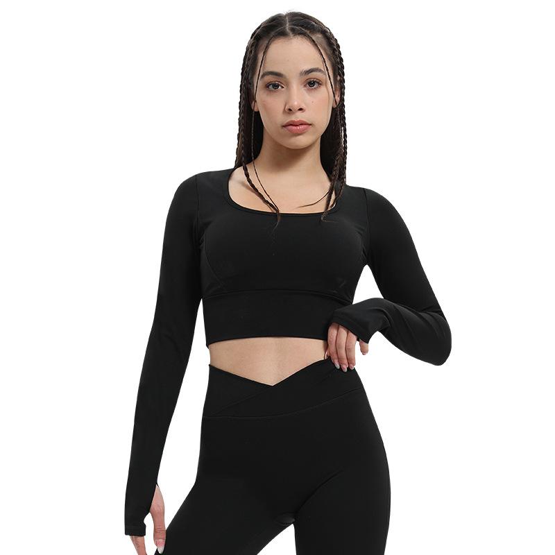 

Женский быстросохнущий кроп-топ с длинным рукавом: Футболка для бега и йоги на открытом воздухе с нагрудными вкладышами Extra Large чёрный