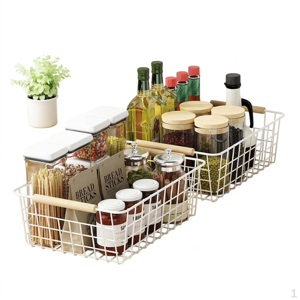 Storage Basket with Wood Handle, Metal Wire Mesh Organizer, Modern Minimalist Decor, Cabinet