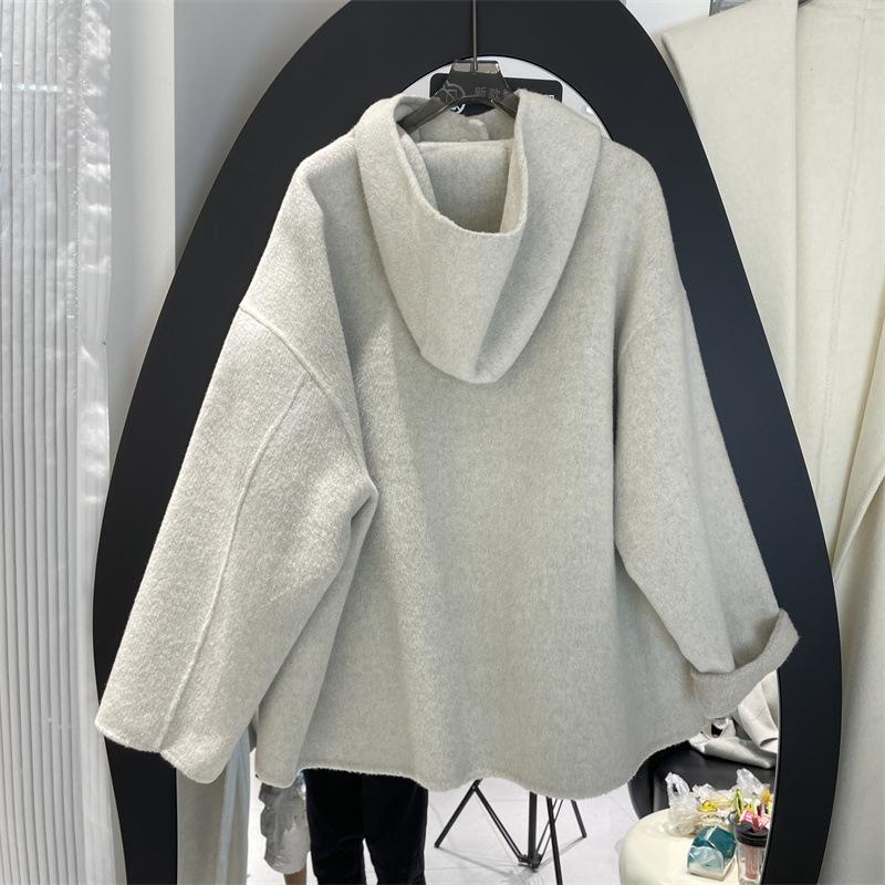 Hooded Double-sided Nylon Wool Coat Coat Women's Woolen Simple and Versatile Casual Commuter Loose Version Medium and Long