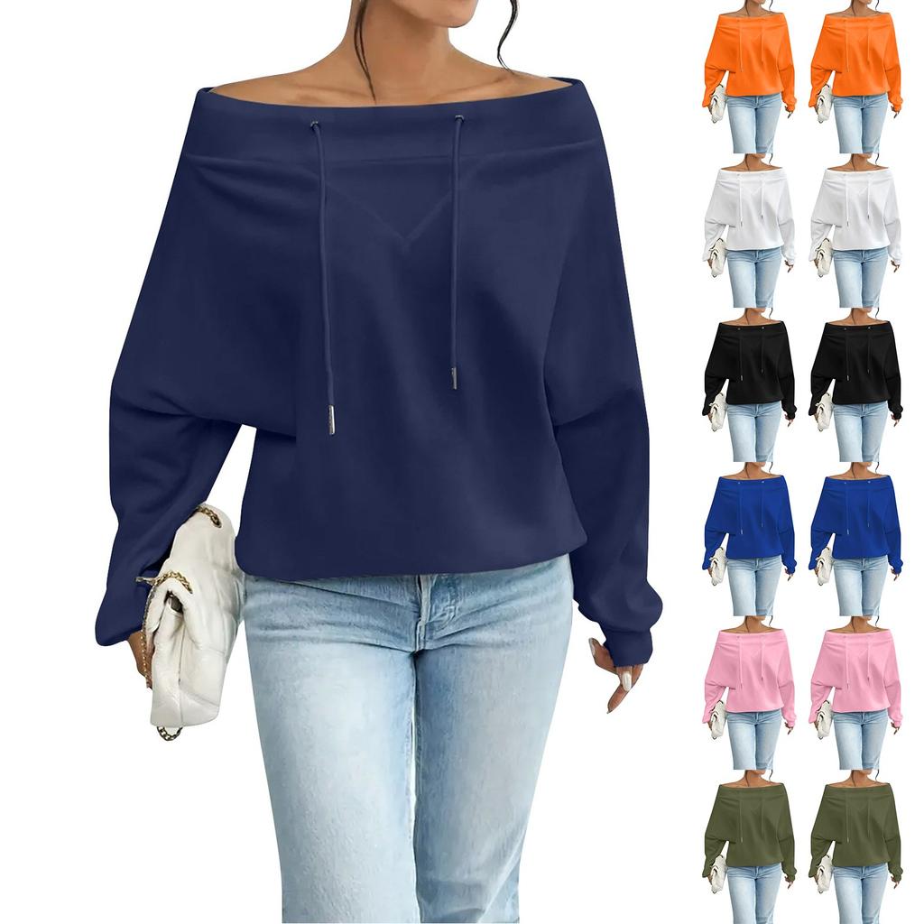 Women's Loose Casual Through Drawstring Off-the-shoulder Line Neck Top