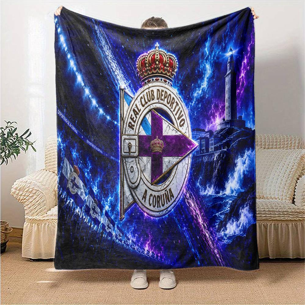 Deportivo A Coruna Crest Flannel Blanket, Soft Polyester, Modern Design, All-Season for Camping, Travel, Gifts for holidays or birthdays