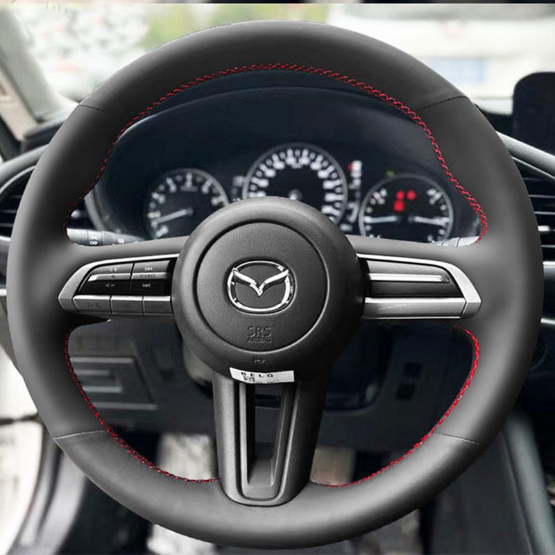 Hand Stitched Black Genuine Leather Non-slip Car Steering Wheel Cover For Mazda CX-30 CX30 - Mazda 3 Axela -