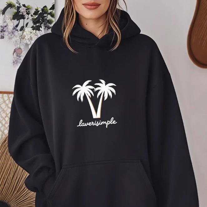 Ladies Spring Autumn Casual Hooded Long Sleeve Big Pocket Beach Coconut Tree Printed Pullover Hoodies Sweatshirt Top