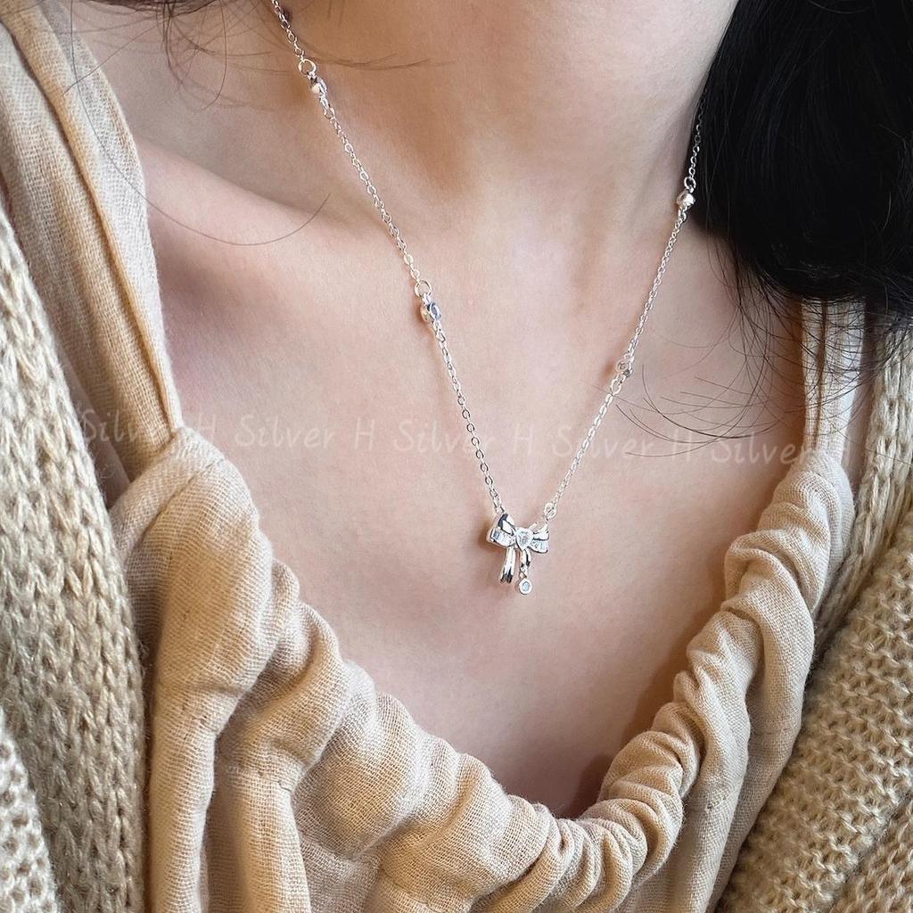 Sterling Silver Bow Necklace: Fashionable S925 High-End Clavicle Chain