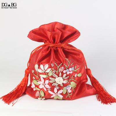 Drawstring Packing Bag with Chinese Brocade Exquisite Jewelry Bag Hand Stain Pouch Embroidered Purse Handmade Small Gift Storage
