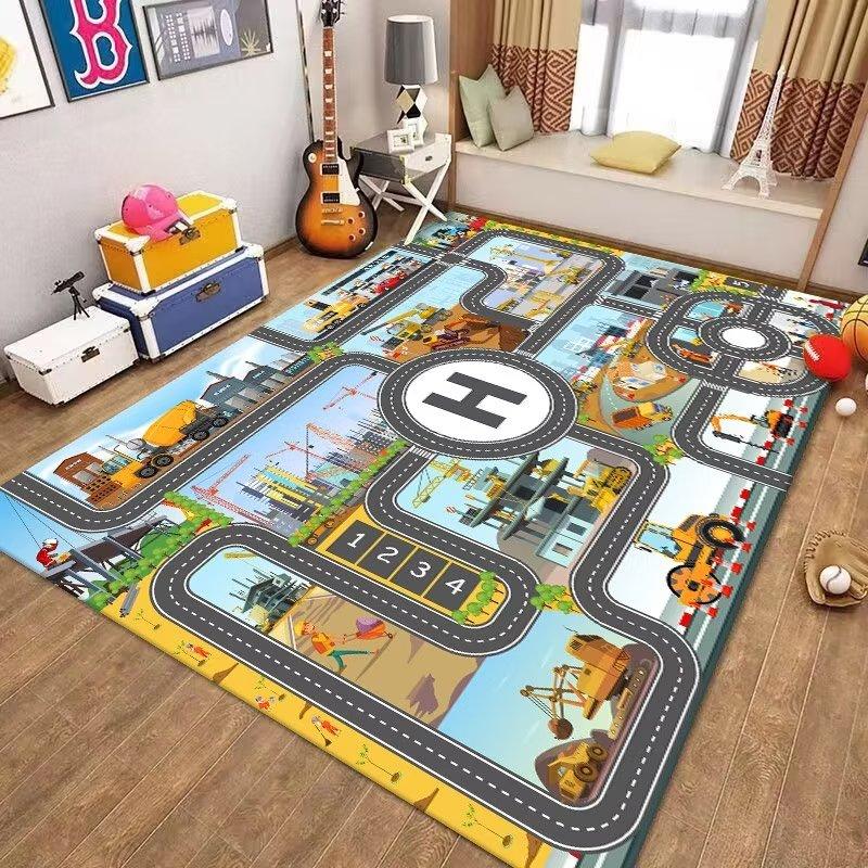 Waschbarer Frühbildungs-Teppich für Kinderzimmer Weiche Stoff-Spielmatte mit Verkehrswegen Puzzle-Design