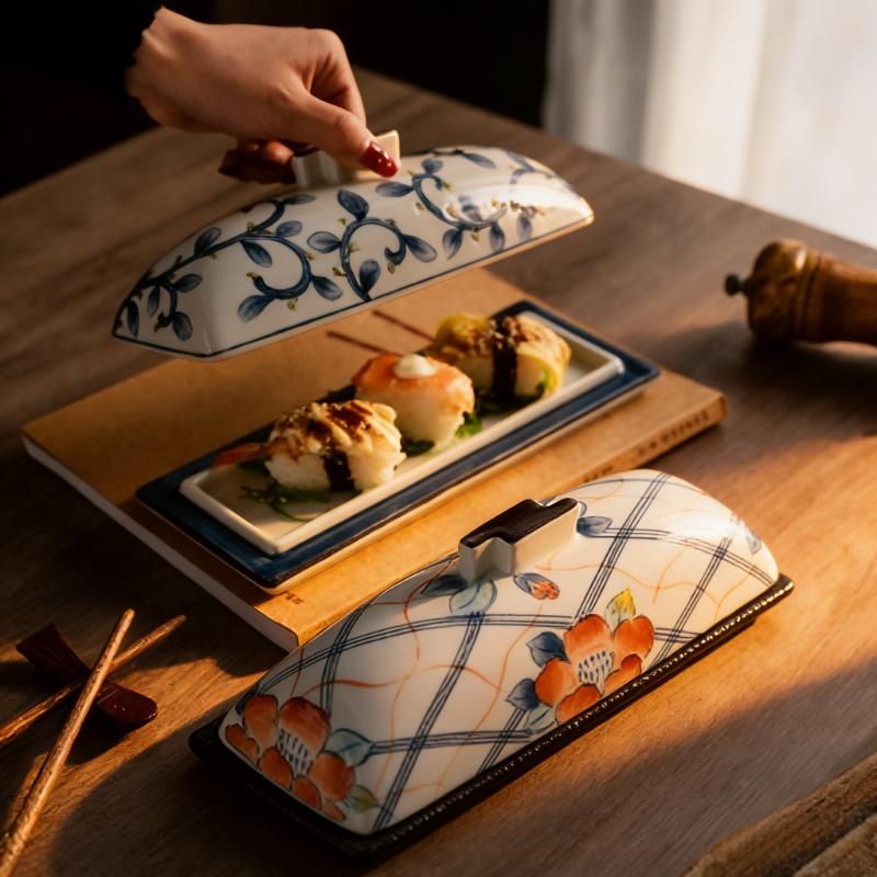 High-end Creative Japanese-style Premium Covered Rectangular Plate,unique Ceramic Sushi and Sashimi Plate for Restaurants Hotel