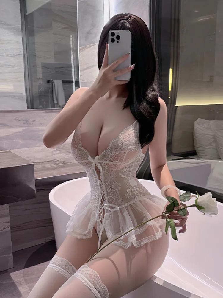 Sexy Naughty New Year Lingerie for Wet Women Hollow Out Bodysuit Open Crotch Underwear Erotic Role Playing Costumes Exotic Thong