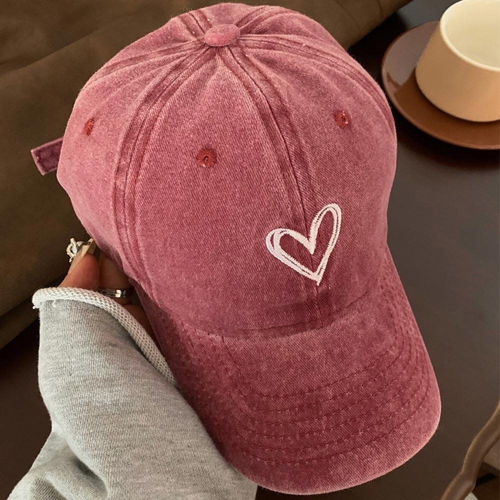 New Embroidery Peach Heart Spring/Summer Hat Adjustable Casual Soft Top Duck Hat Wash Denim Baseball Caps for Women Men Couple