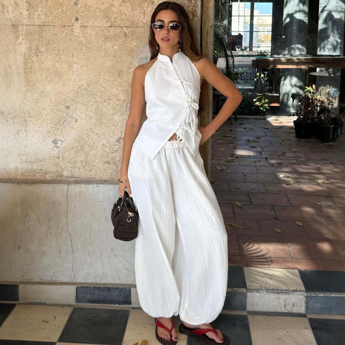 Cross-border women s fashionable European and American fashion bow tie tank top, export trendy jogger pants two-piece set S белый