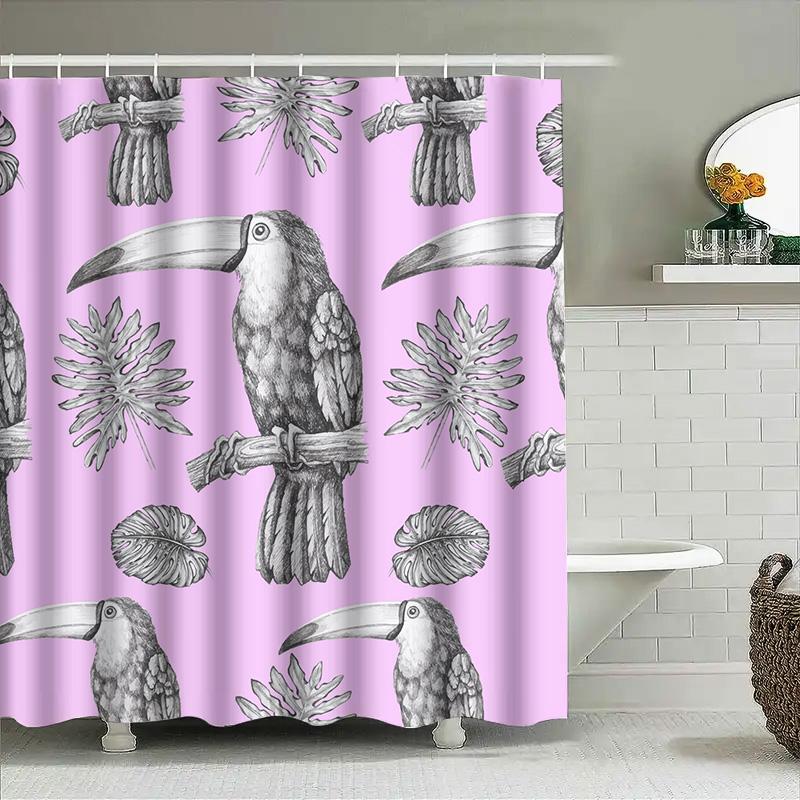 

Tropical Bird Print Shower Curtain For Bathroom Decoration Pink Floral Flower Feather Design W60H190(CM)-1 Pcs