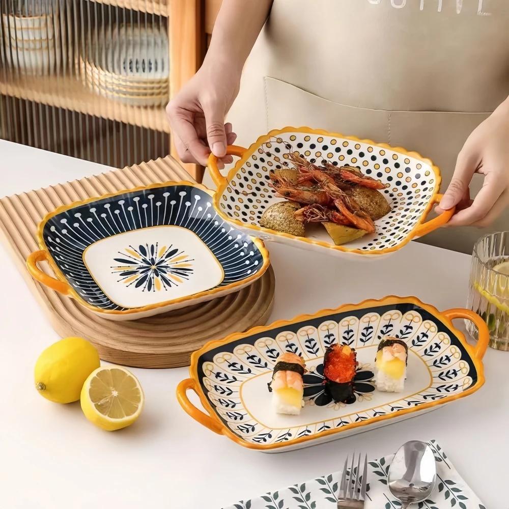 2 Pcs Ceramic Japanese Style Square Plates with Double Ears and Pasta Salad Platessuitable for Microwave Ovens and Ovens