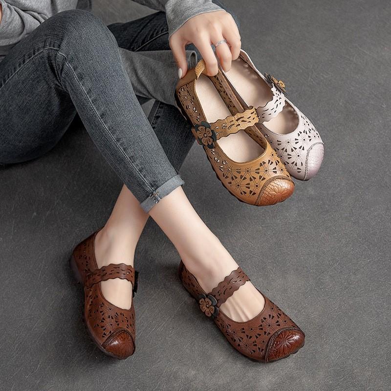 Johnature Sandali piatti con suola cava in vera pelle, retrò, versatili, scarpe da donna con suola morbida