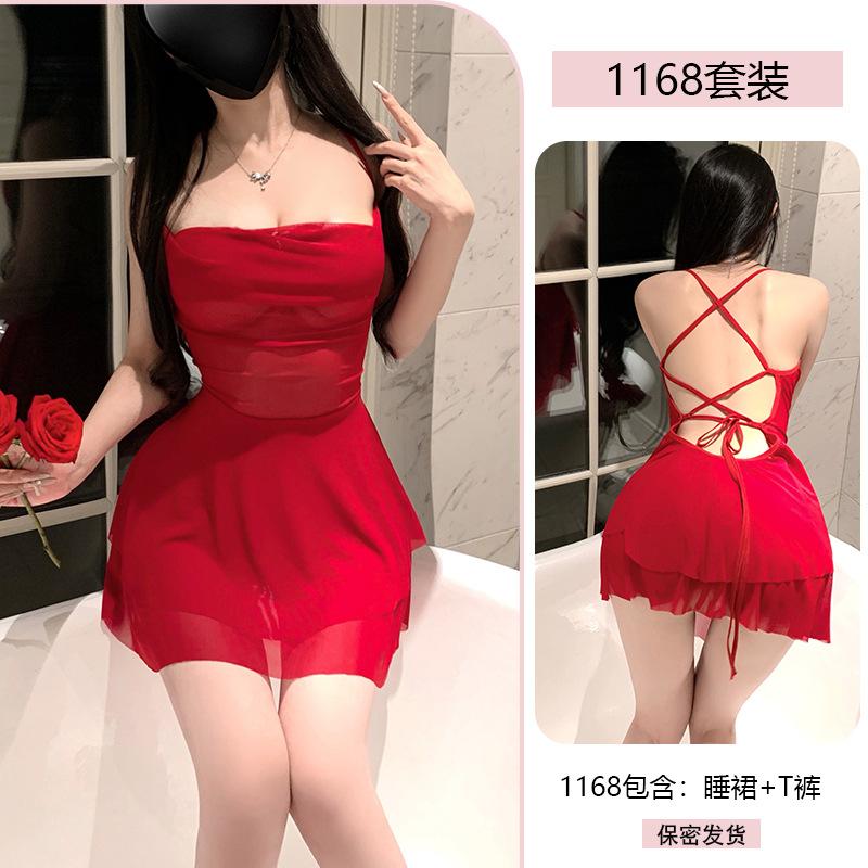 Sexy Pure Desire Sexy Nightdress Hot Beauty Back Strap Mesh Perspective Temptation Uniform Pajamas 1168