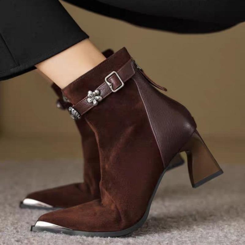 

Ботильоны на квадратном каблуке с металлической пряжкой, модные, с острым носком, на задней молнии, противоскользящие, износостойкие, туфли 38 коричневый