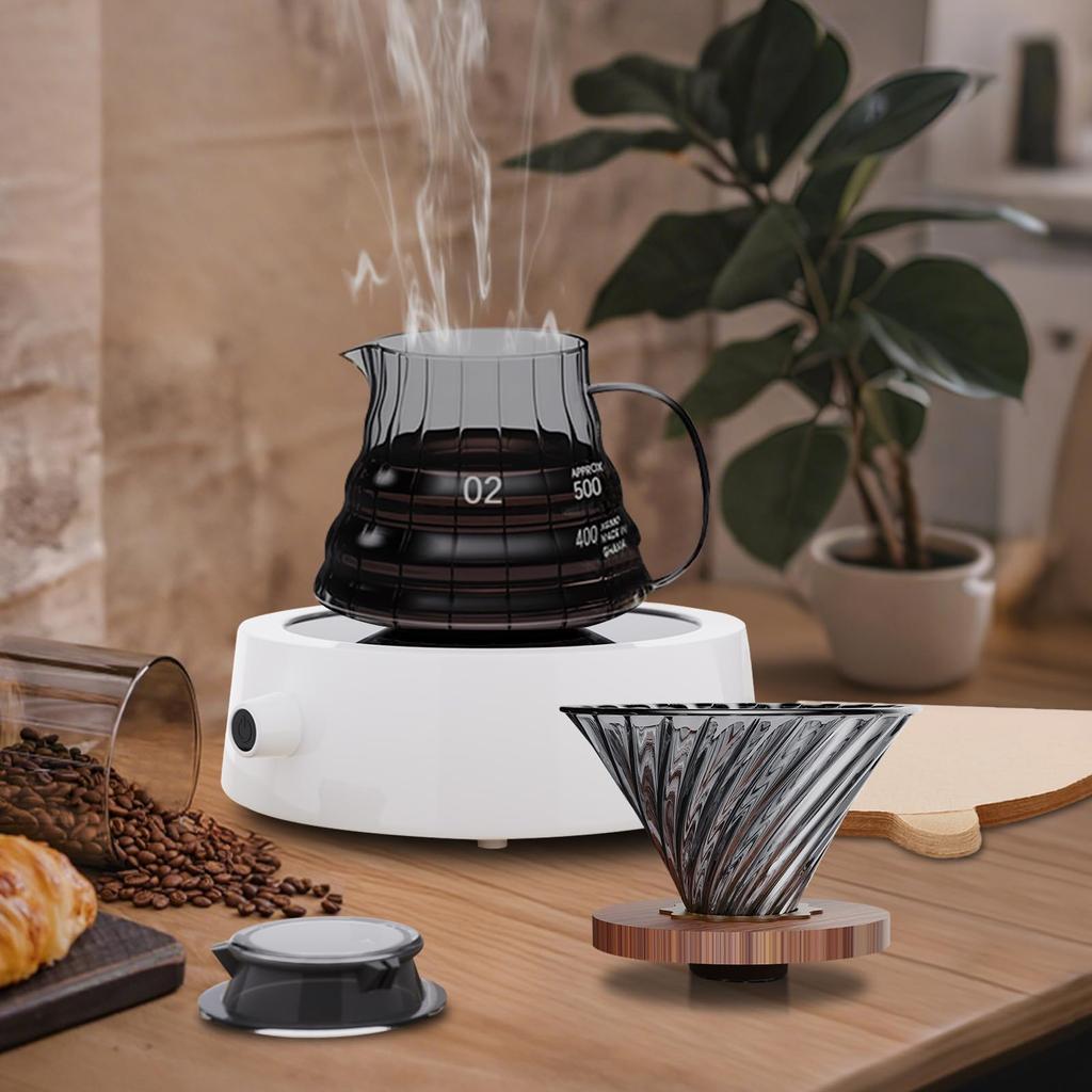 ESTVLB Coffee Server, Heat Resistant Glass, Wooden Holder, Coffee Dripper, 600ml, with Scale, For 2 To 4 People, Coffee Drip Utensil, Microwave Safe,