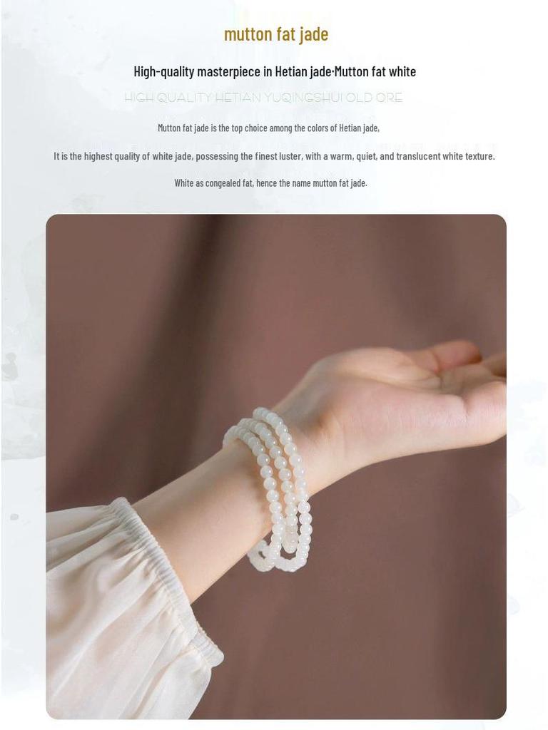 Sammlerstück Hetian Weißjade Mehrkreisarmband mit Schafsfett-Jadeperlen