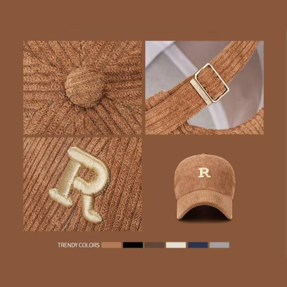 3D Embroidered 'R' Letter Corduroy Baseball Cap Solid Color Adjustable Strap Sunscreen Hat Breathable Peaked Cap Autumn Winter