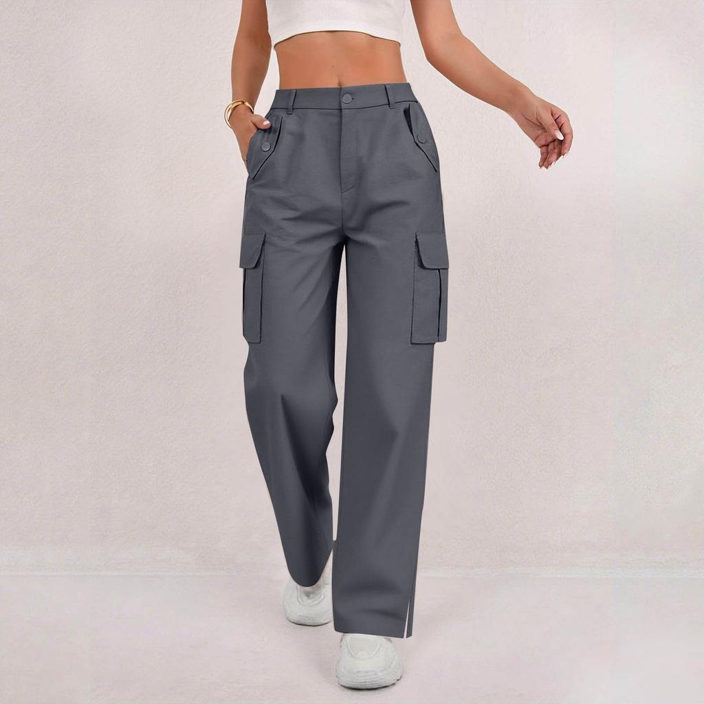 Women's Fashion Relaxed-Fit Pocket Straight-Leg Pants Sporty Wide-Leg Pants High-Waisted Casual Cropped Pants