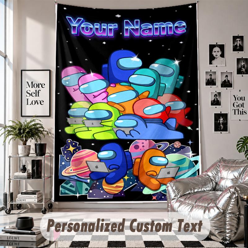Wall Hanging Tapestry With Custom Name & Text, Among Us Decorative Tapestry For Bedroom