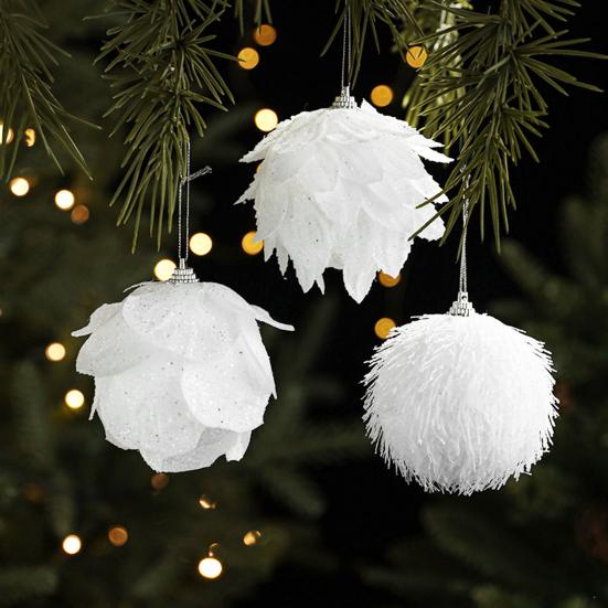 8CM White Foam Christmas Ball Ornament Snowy Holiday Decoration Lightweight Sequin Xmas Tree Hanging Pendant for Home New Year