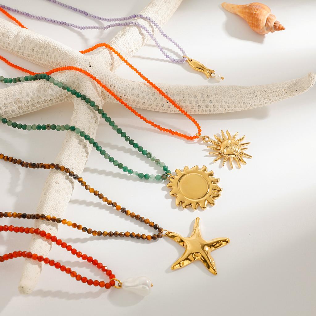 Uworld Beach Ocean Vacation Style 18K Gold Color Stainless Steel Sun Starfish Pendant Necklace Natural Stone Bead Necklace Women