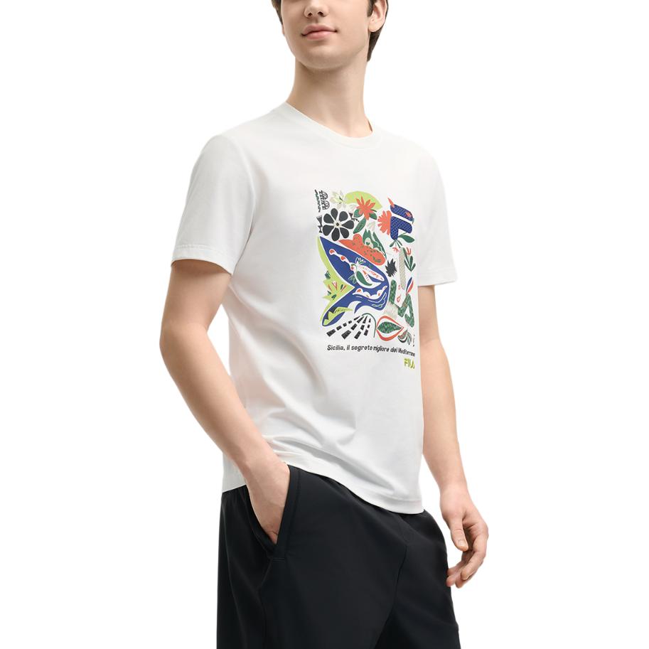 FILA Heritage Series Casual Versatile Knitted Short Sleeve T-Shirt Men Tops Cloud-Mushroom-White F11M528103F-WT