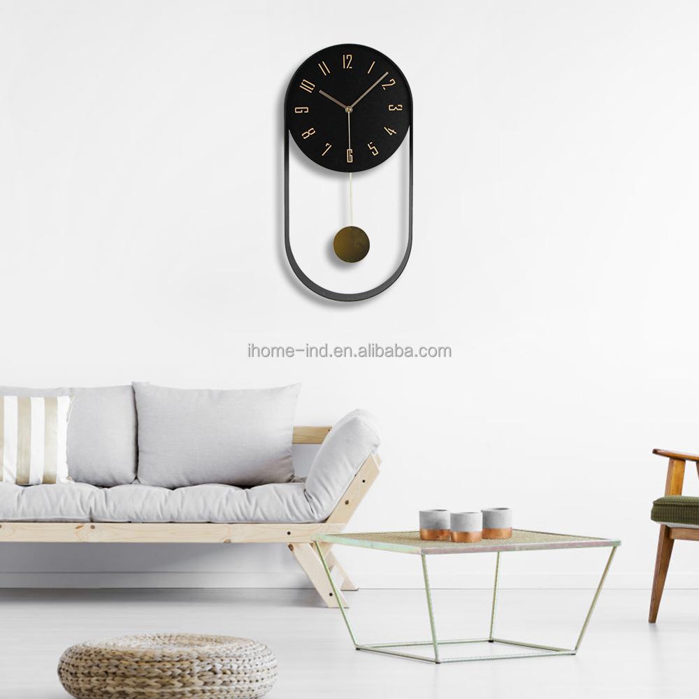 Metal Oval Wall Clock Unique Design Pendulum Decorative Clock Home Living Room Decor