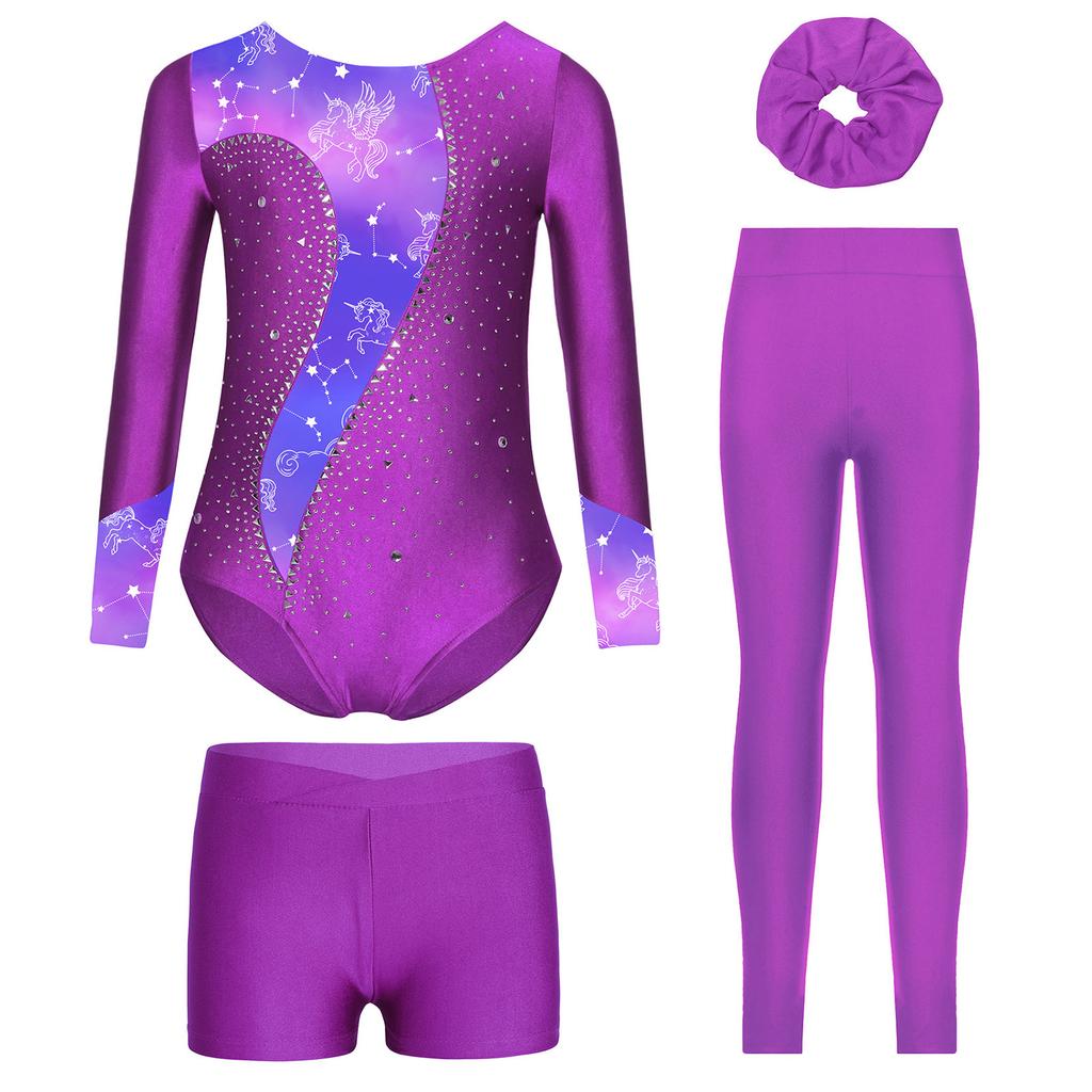Mädchen Tanz Outfit Langarm Strass Verziert Bedruckt Trikot Shorts Leggings Haargummi Stirnband Gymnastik Auftritt Set
