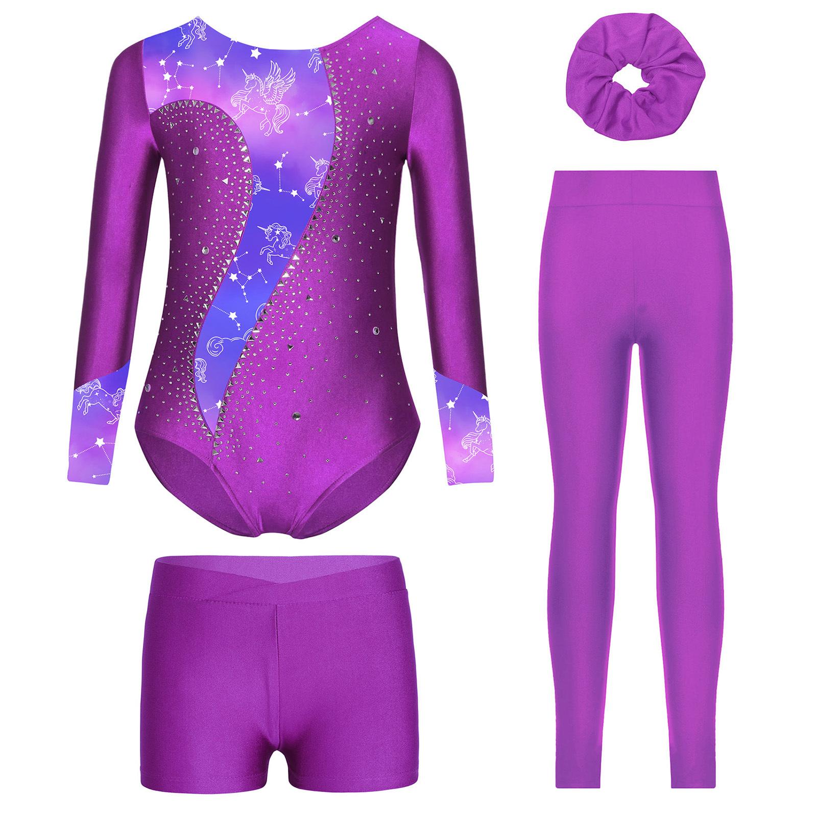 

Girls Dance Outfit Long Sleeve Rhinestone Decor Printed Leotard Shorts Leggings Hair Tie Headband Gymnastics Performance Set 9-10 Years фіолетовий