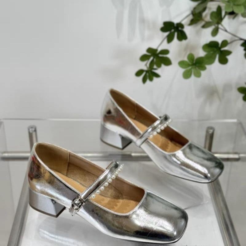 Fashion Beaded Mid-heel Single Shoes Autumn New Square Toe Shallow Mouth One-band Soft Sole Non-slip Block Heel Shoes