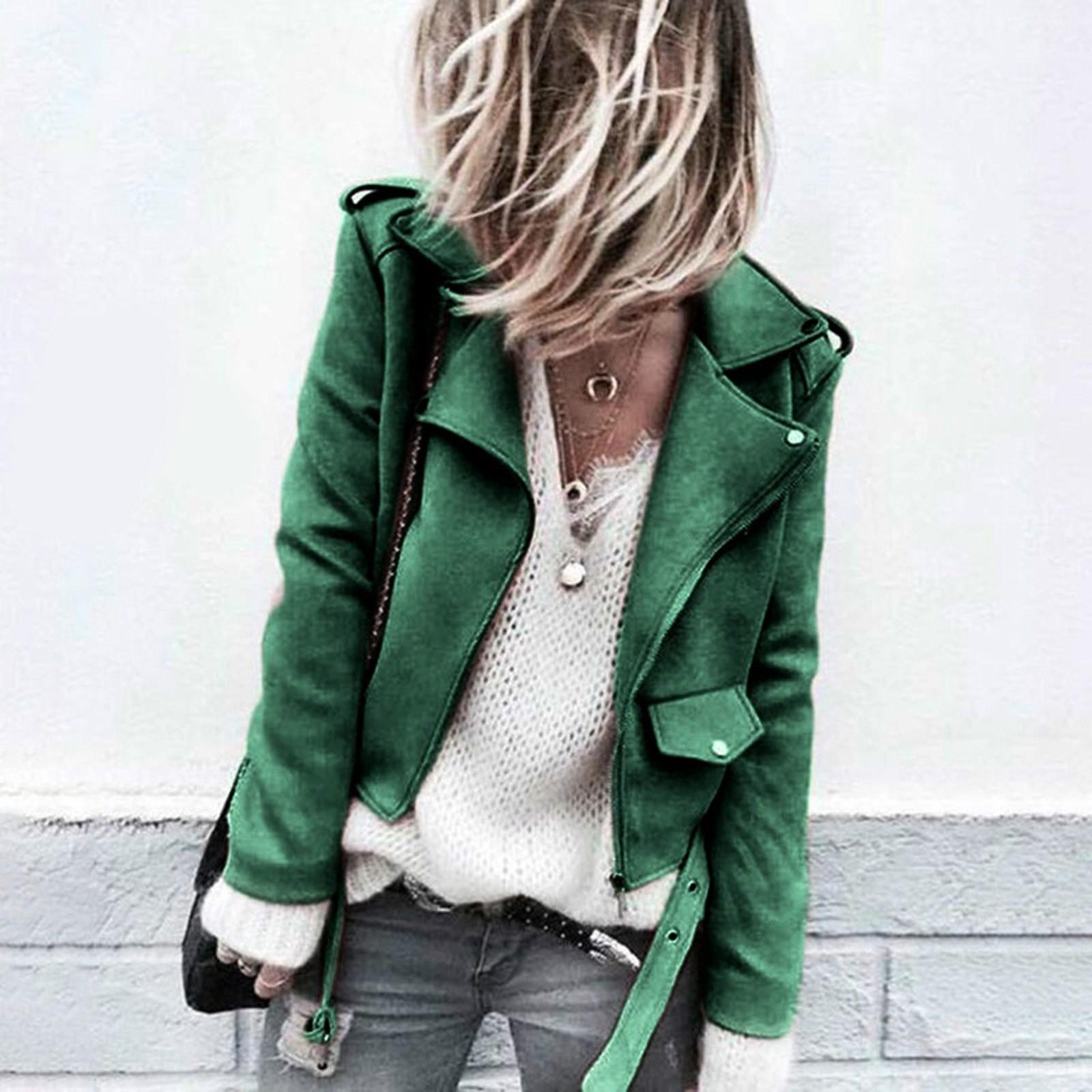 

Women s Casual Faux Suede Slim Zippers Coat Short Cool Motorcycle Jacket S зелений