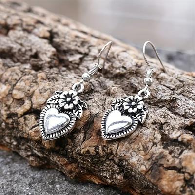 Huitan Vintage Antique  Color Flower Heart Design Dangle Earrings for Women Temperament Ear Accessories Aesthetic Jewelry