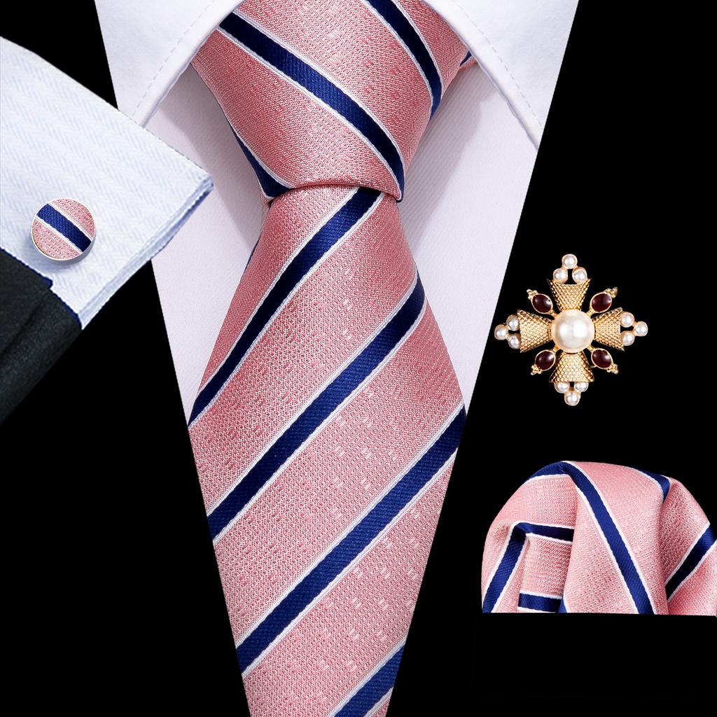 Pearl Brooch with Silk Tie for Men Vintage Floral Teal Necktie Hanky Cufflinks Gift Formal Set