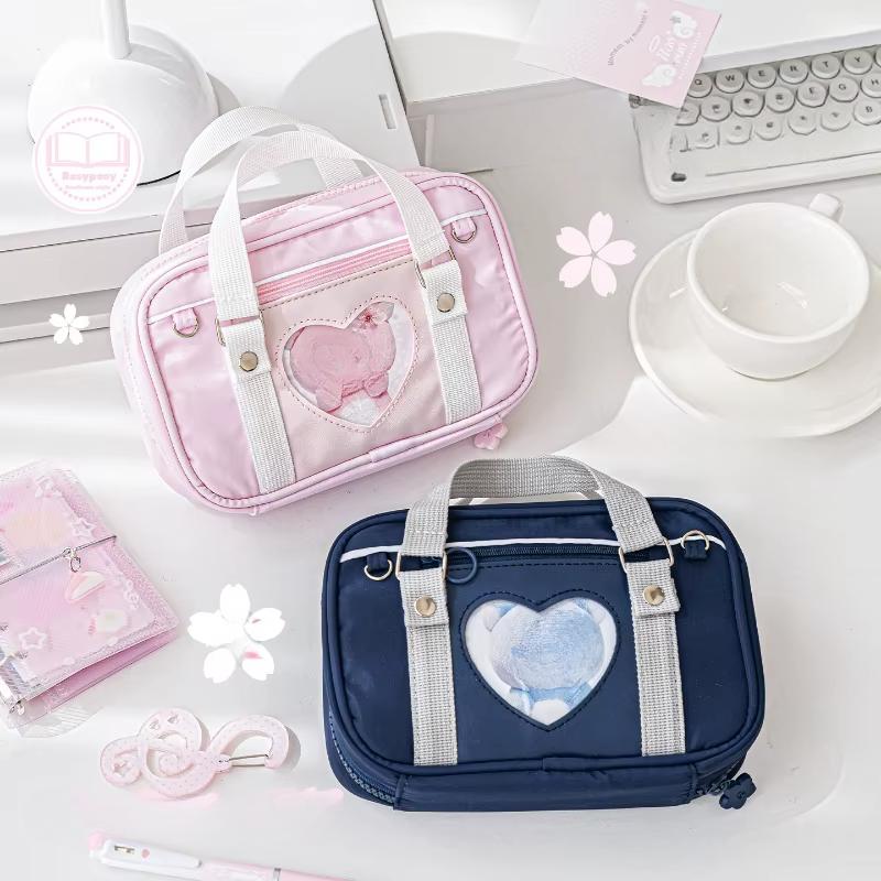 Kawaii Casual Retro Scrapbook Storage Bag for Kids Girl Uniform Heart Windows Stationery Holder Organizer Portable Pencil Case