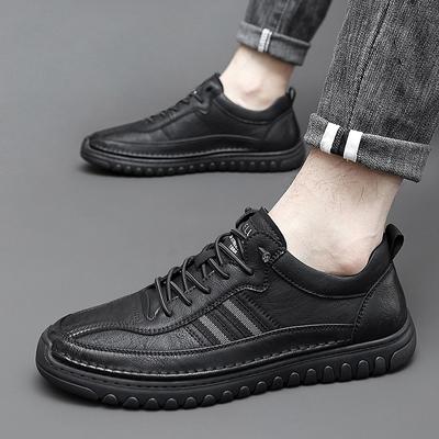 Classic Black Sneakers Men Casual Leather Shoes Male Lace-Up Genuine Leather Flats Fashion Korean Simple Footwear Shoe