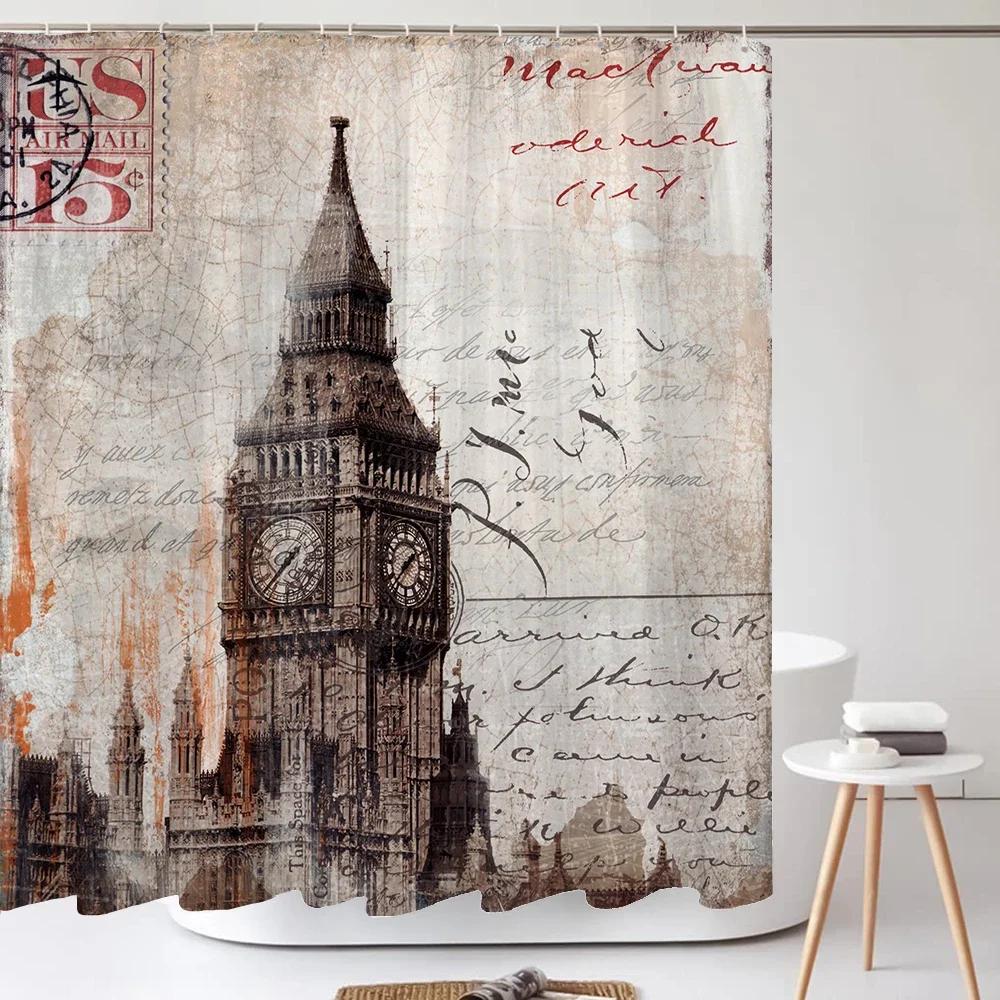 Retro Paris Tower and Flowers Shower Curtain Print Modern Nordic Minimalist Polyster Home Decor Bathroom Curtain with Hooks