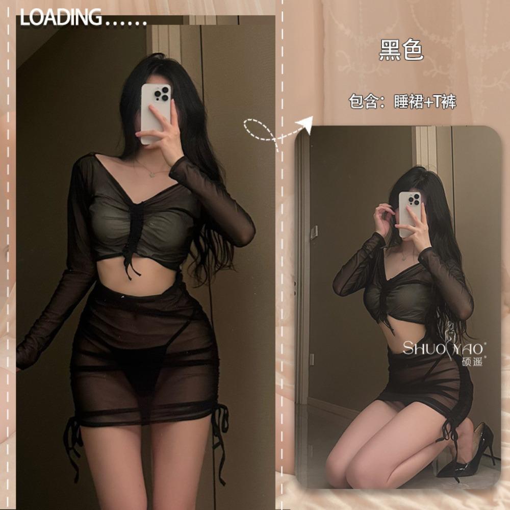 Domila Sexy Underwear Perspective Long Sleeve Hip Wrap Dress Passion Hot Sexy Uniform Temptation Pajama Set