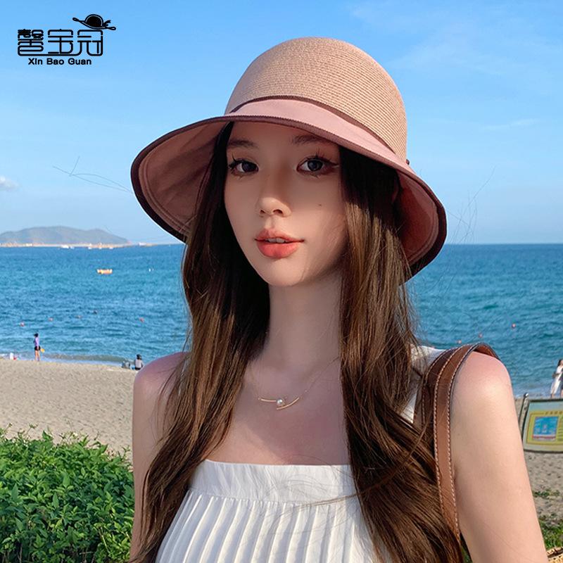 8456 Spring and summer bow bucket hat travel versatile sun hat children splicing sunscreen shade straw hat