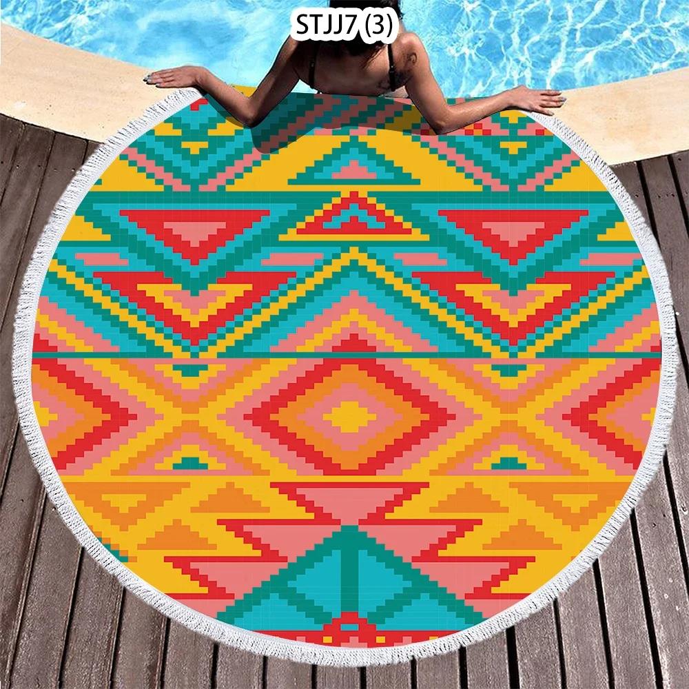 Ethnic Plaid Beach Creative Swimming Towel Microfiber Round Beach Towel Mandala Stripes Adult Large Round Bath Towel