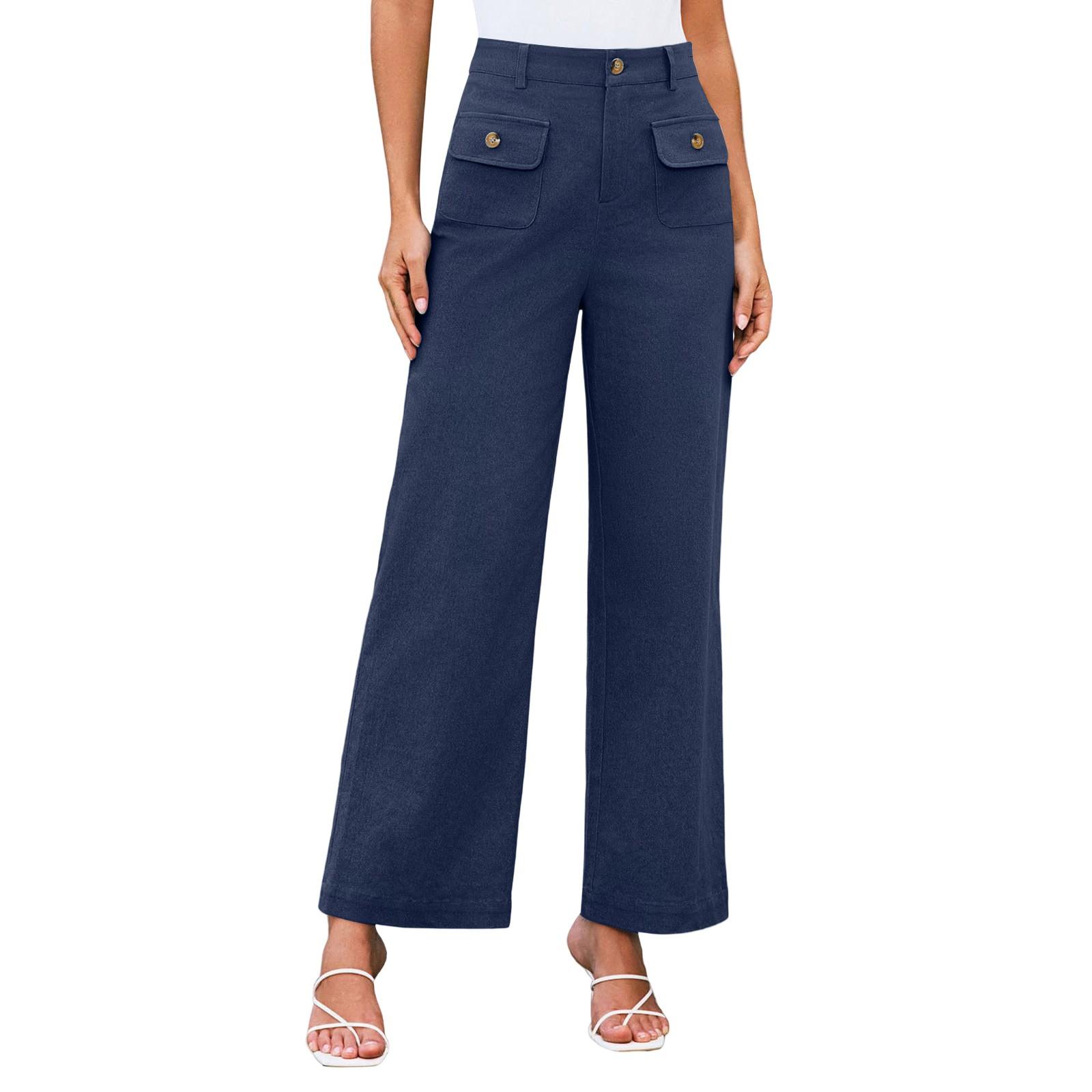 

Women s Summer Color External Pocket Loose High Waist Wide Leg Formal Straight Pants L Темно-синій