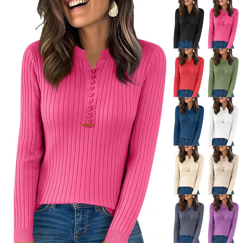 Women's Fashion Solid Color V-neck Long Sleeve Button Loose Bottom Knitted Sweater Top
