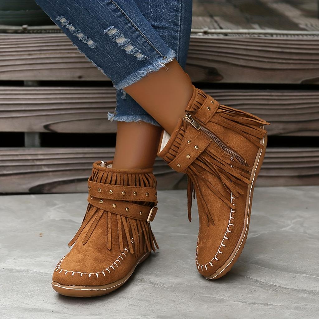 Women's Solid Color Stylish Boots, Side Zipper Buckle Straps & Tassel Decor Boots, Winter Plush Round Toe Ankle Shoes